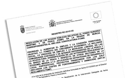 RESOLUCIÓN DE LAS AYUDAS PÚBLICAS RELATIVAS AL FONDO EUROPEO MARÍTIMO Y DE PESCA (FEMP) EN LA REGIÓN DE MURCIA. CORRESPONDIENTES AL AÑO 2020. CONVOCATORIA 513960.